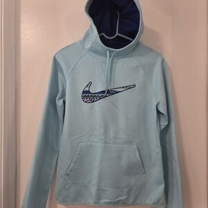 Nike Womens Small Light Blue Hoodie, Front Pocket Thumb Holes